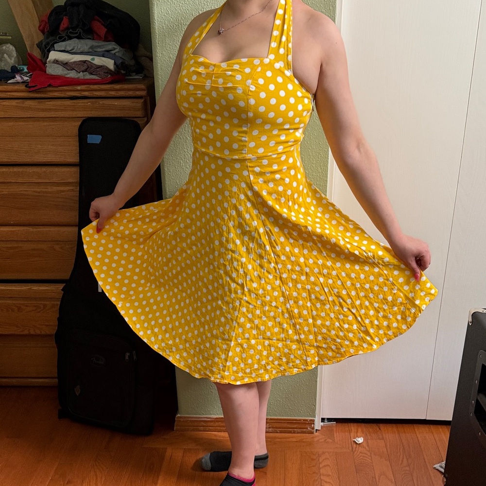 Yellow Polka Dot Halter Pinup Dress